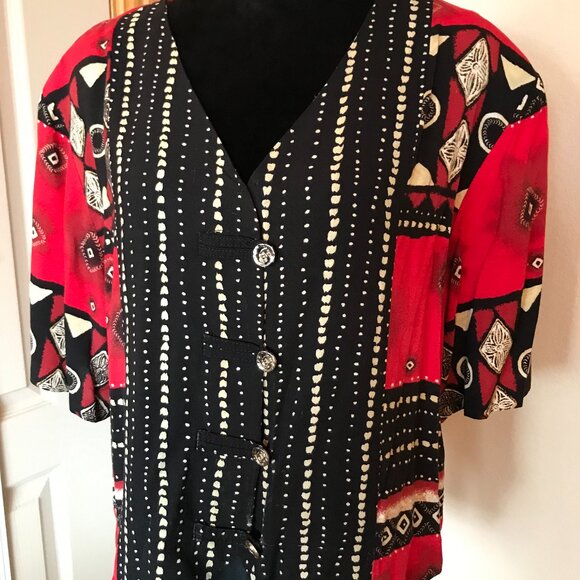 Stacey Michaels Bohemian Blouse: 80s Red Black Geometric Print Tunic, Size 20W - Picture 6 of 9
